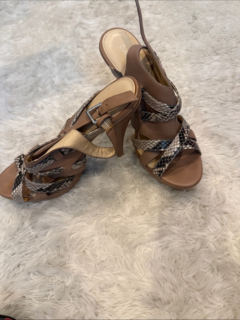 Calvin Klein Tan Heeled Sandals with Snake-Print Straps
